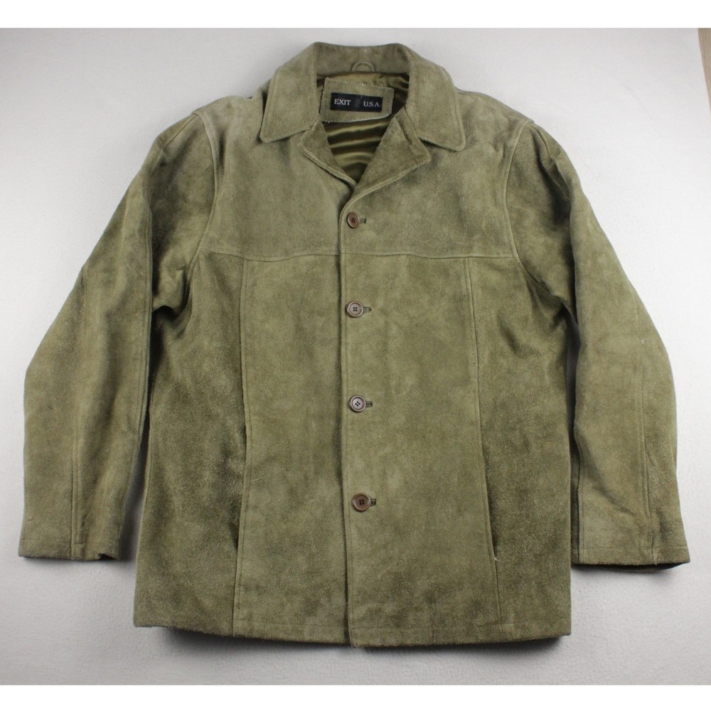 Vintage 90s Mens L Olive Green Suede Leather Utility Jacket Grunge Button Front